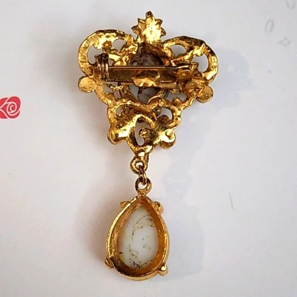Vintage Gold and Brown Marble Brooch with Pearls - Picture 5 of 5